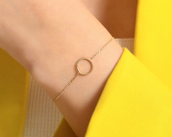 14K Gold Open Circle Bracelet, Geometric Charm Bracelet, Minimal Disc Chain Bracelet, Karma Circle Bracelet for Gift, Dainty Jewelry