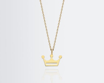 14K Gold Minimal Queen Crown Necklace, Dainty Princess Tiara Chain Necklace, Real Gold King Crown Jewelry, Tiny Crown Charm Gift For Her