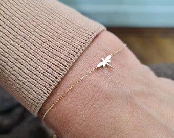 14K Solid Gold Dragonfly Minimalist Bracelet, Tiny Dragonfly Charm Bracelet, Fine Gold Dragonfly Jewelry, Best Gift For Girlfriend