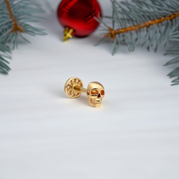 14k Gold Tragus Piercing Jewelry with Skull - Tiny Gold Skull Ear Piercing - Skull Cartilage Earring - Christmas Gift Tragus Conch Piercing