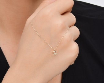 14K Gold Peace Symbol Necklace, Peace Sign Charm Necklace, Peace Symbol Daily Necklace, Minimal Peace Symbol Jewelry Gift for Mother's Day