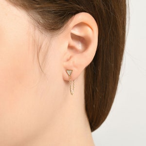 14K Gold  Stud Earrings with Dangling Chain - Chained Stud Everyday Earring - Drop Dangle Valentine Gift Earring - Trendy Ear Chain Earring