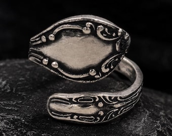 Lepelring van massief sterling zilver, vintage besteksieraad, sierlijke statementring, gerecycled antiek kunstwerk