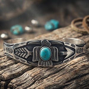 925 Silver Eagle Cuff Bracelet, Oxidized Bangle Turquoise Stone Men Women Jewelry Boho Statement