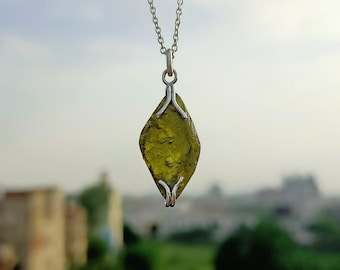 Genuine Moldavite Rough Pendant 100% Natural Gemstone From Czech Republic 925 Sterling Silver Handmade Designer Jewelry Pendant for Necklace