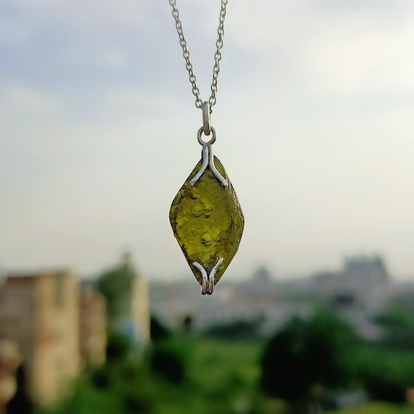 Genuine Moldavite Rough Pendant 100% Natural Gemstone From Czech Republic 925 Sterling Silver Handmade Designer Jewelry Pendant for Necklace