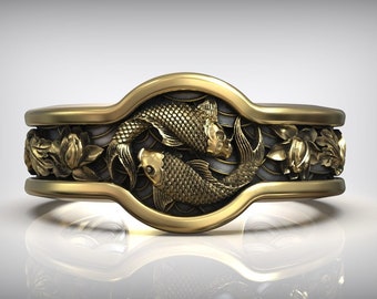Yin Yang Carp Koi Fish Japanese Ornament Ring, Sterling Silver Men Ring, Gold Vermeil Ring, Gift For Dad, Best Friend Ring