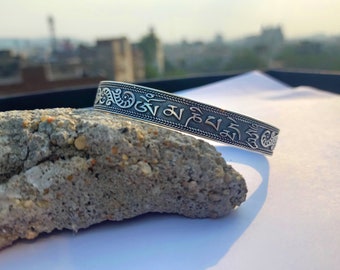 Sterling silver mantra cuff bracelet, unisex meditation bracelet, silver Protection bangle, statement bracelet, men sterling silver bracelet