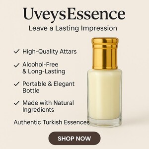 Puede incluir: Un frasco de perfume con tapa dorada y cuerpo de vidrio transparente y rectangular. El frasco contiene un l&iacute;quido amarillo claro. El texto de la imagen dice "UveysEssence" y "Leave a Lasting Impression."