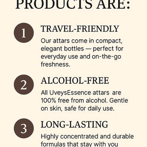 Puede incluir: Gr&aacute;fico color crema con el texto &laquo;NUESTROS PRODUCTOS SON:&raquo; seguido de tres puntos numerados. Los puntos destacan que los productos son aptos para viajes, sin alcohol y duraderos.