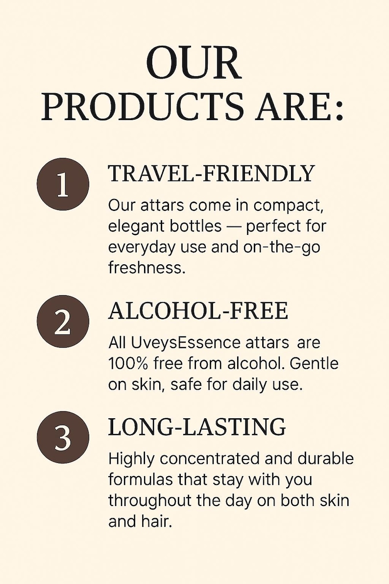Puede incluir: Gr&aacute;fico color crema con el texto &laquo;NUESTROS PRODUCTOS SON:&raquo; seguido de tres puntos numerados. Los puntos destacan que los productos son aptos para viajes, sin alcohol y duraderos.