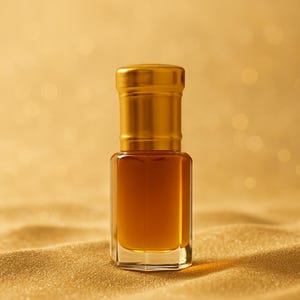 May include: A small, square glass bottle filled with a golden-brown liquid, topped with a gold-colored cap. The bottle sits on a bed of golden sand, with a soft, blurred background. The overall aesthetic is warm and luxurious.