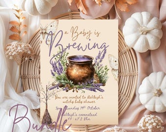 May include: A baby shower invitation bundle with a witchy theme. The invitation features a cauldron with purple liquid, lavender, and butterflies. The text reads "a Baby is Brewing" and includes event details. The background includes white pumpkins and fall foliage.