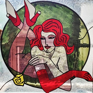 Crimson Elegance: The Red-Haired Lady Stained Glass