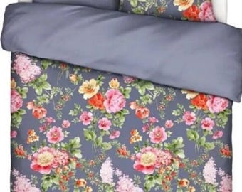 Essenza Floral King Duvet Cover + Two King Shams Blue Cotton Sateen. New!