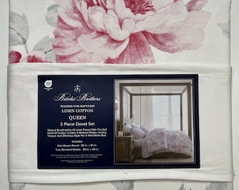Brooks Brothers Pink Roses Floral Queen Duvet Cover Set Linen Cotton. Brand New.