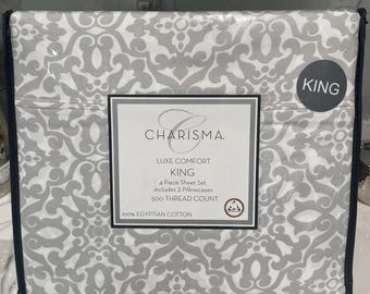 Set di lenzuola Charisma Luxe Comfort King size, 4 pezzi. 500 fili, bianco/grigio. Nuovo di zecca!