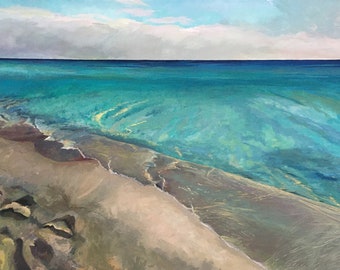 May include: A painting of a seascape with a sandy beach and turquoise water. The water is calm and clear, with a few ripples on the surface. The sky is a light blue with some white clouds.