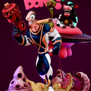 Pode incluir: Uma figura impressa em 3D de um personagem parecido com uma minhoca, vestindo um terno azul e branco, segurando uma arma vermelha. O personagem está em pé em uma plataforma com um alienígena verde, uma vaca e um disco voador rosa. O fundo é roxo escuro.