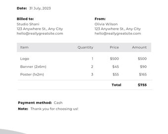 Blank Invoice Template Etsy