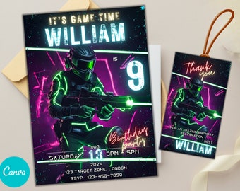 Bewerkbare uitnodiging voor een lasergame-verjaardag, uitnodiging voor een lasergamefeest, doe-het-zelf-uitnodiging, gepersonaliseerde lasergame-uitnodiging, lasergame-verjaardagsplezier