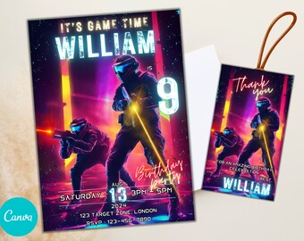 Bewerkbare lasergame verjaardagsuitnodiging, lasergame uitnodiging voor feest, DIY-uitnodiging, aangepaste lasergame uitnodiging, lasergame verjaardagsplezier