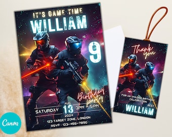 Bewerkbare uitnodiging voor een lasergame-verjaardag, uitnodiging voor een lasergamefeest, doe-het-zelf-uitnodiging, gepersonaliseerde lasergame-uitnodiging, lasergame-verjaardagsplezier