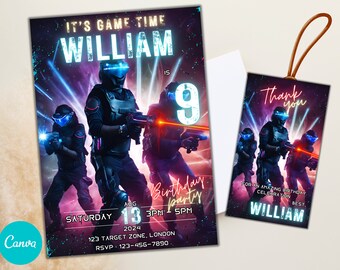 Bewerkbare lasergame verjaardagsuitnodiging, lasergame uitnodiging voor feest, DIY-uitnodiging, aangepaste lasergame uitnodiging, lasergame verjaardagsplezier