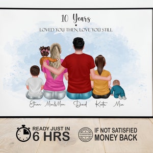 10th Anniversary Gift, Custom Couple Portrait Illustration Drawing, Ten Year Anniversary Gift ideas for wife, husband, 10 year anniversary