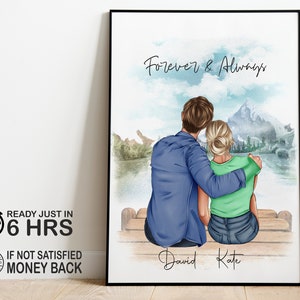 Regalo per il 1° anniversario, illustrazione personalizzata del ritratto di coppia, idee regalo di carta per il primo anniversario per moglie, marito, 1 anno di frequentazione