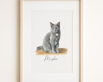 Custom Watercolor Cat Portrait, Personalized Pet Illustration, Cat Lover Gift, Minimal Pet Wall Art, Name Custom Print