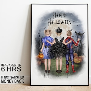 Personalized Halloween Family Portrait: Custom Kids & Pets Wall Art