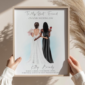 Best Friend Wedding Day Gift, Custom Bride and Bridesmaid Illustration, Thoughtful Gift for Bride, Wedding Day Memory Print