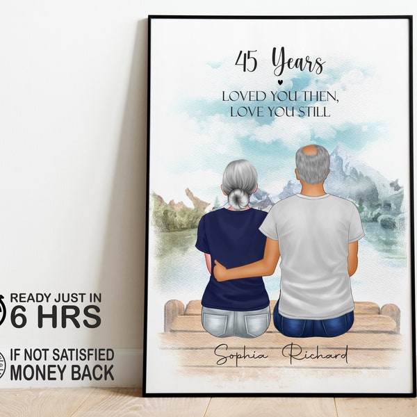 Cadeau personnalisé de 45e anniversaire, dessin d'illustration de portrait de couple personnalisé, carte d'anniversaire de 45e année pour femme, mari, cadeaux de parents