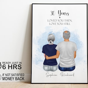 Regalo personalizzato per il 30° anniversario, disegno di illustrazione del ritratto di coppia personalizzato, biglietto per il 30° anniversario per moglie, marito, regali per i genitori