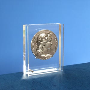 Puede incluir: Una moneda de plata con el perfil de una mujer, engastada en un bloque de acrílico transparente. La moneda está inscrita con las palabras "REPUBLIQUE FRANCAISE". El bloque de acrílico rectangular tiene un pequeño pasador metálico en la parte inferior.