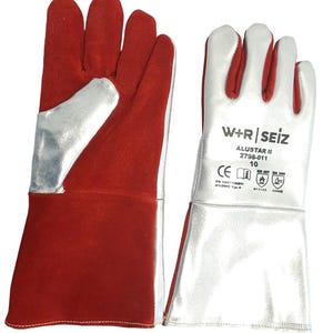 May include: A pair of red and silver heat resistant gloves with the text "W+R SEİZ ALUSTAR II 2798-011 10 CE EN 12477300 A1:2000 Typ 413143 43448" printed on the back of one glove.