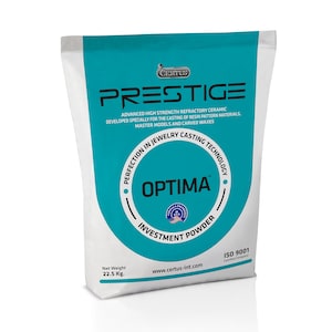 May include: A white bag of Certu's Optima Investment Powder, a high-strength refractory ceramic for casting resin patterns. The bag is labeled with the text "Perfection in Jewelry Casting Technology" and "ISO 9001 Certified Company".