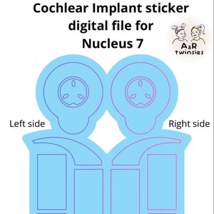 Könnte beinhalten: Ein blauer und violetter Umriss eines Cochlear Nucleus 7 Implantat-Aufklebers. Der Aufkleber ist in zwei Abschnitte unterteilt, einen für die linke Seite und einen für die rechte Seite. Jeder Abschnitt hat einen Kreis mit einem kleinen Kreis darin und eine Reihe von Quadraten darunter. Der Text "Linke Seite" und "Rechte Seite" steht auf dem Aufkleber.
