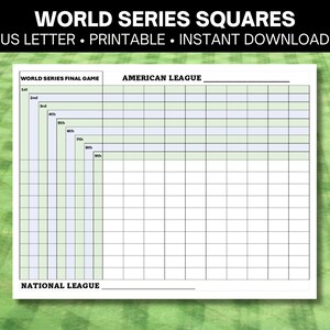 May include: A printable World Series Squares game sheet with a grid for marking scores. The sheet is divided into two sections: American League and National League. The sheet is labeled "World Series Final Game".
