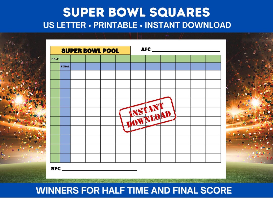 Super Bowl Pool | 100 Squares | Office Pool | Printable Digital ...