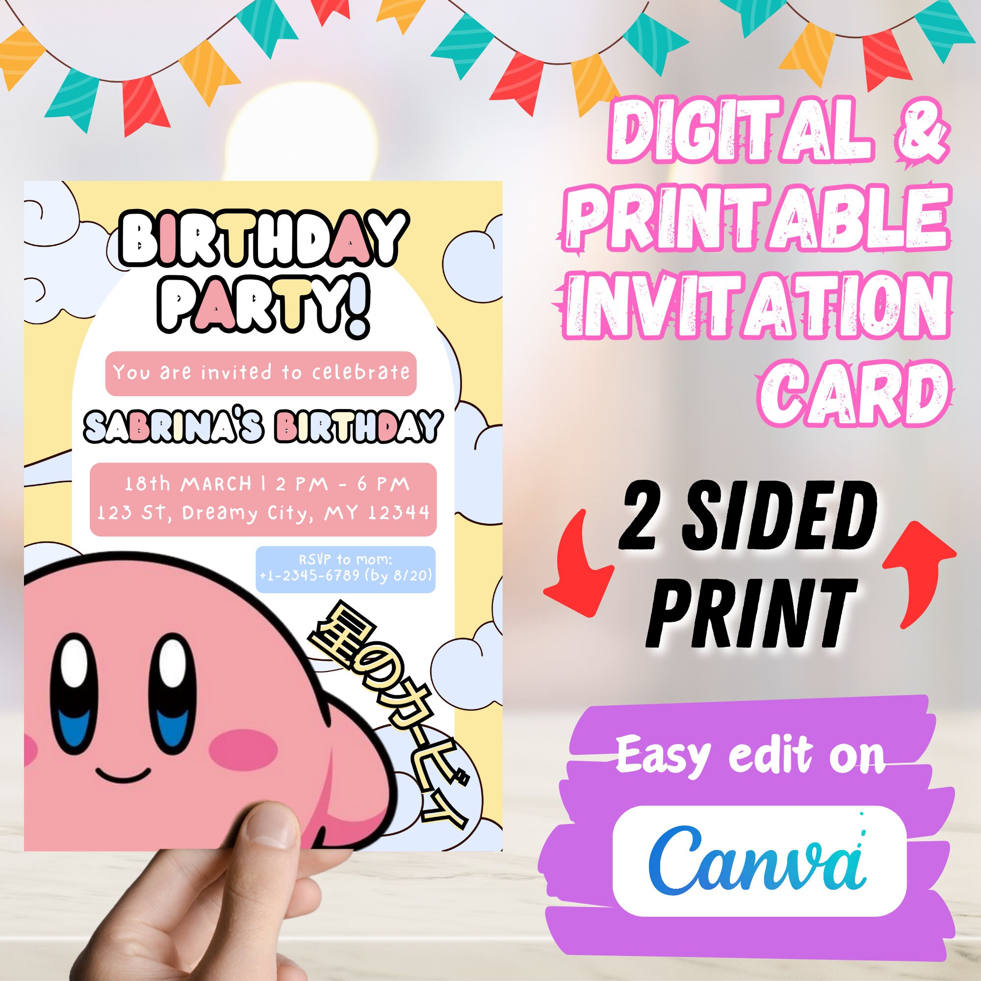 Kirby Editable Birthday Invitation, Kirby Printable Birthday Invitation Kirby Birthday Card ...