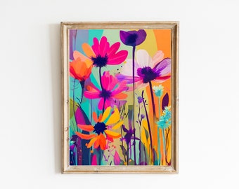 Vibrant Wild Flowers Wall Art Print, Floral Botanical Digital Art, Modern Mid Century AI Generated Poster