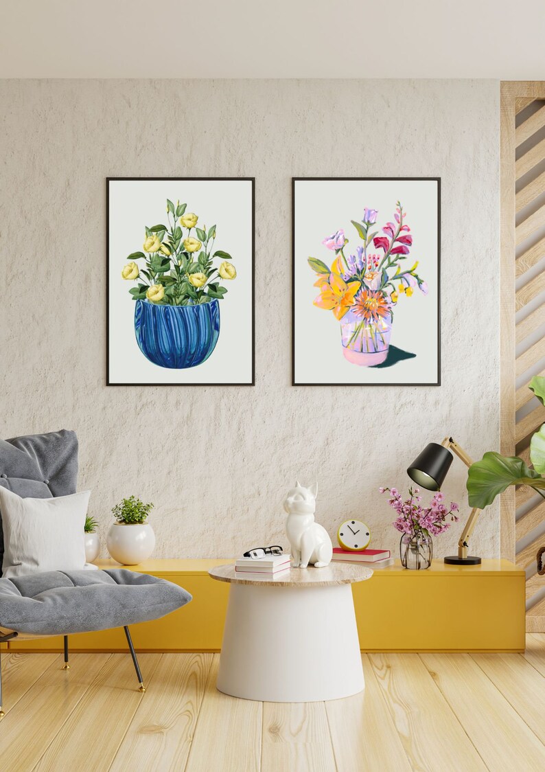 Floral prints, Set of 3 Modern Mid Century digital art, Vibrant flowers in vases prints, digital download image 8