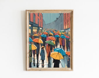 Contemporary Rainy Day Delight, Set of 2 Colourful Umbrellas in the Rain - Modern Mid Century AI Generated Digital Art Prints