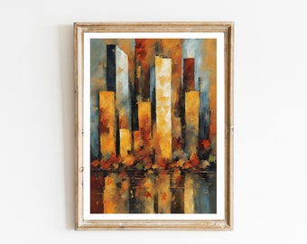 Contemporary Trees and Cityscape - Set of 3 AI-Generated Prints Modern Mid-Century Digital Wall Art - Stylish Home Décor or Accent