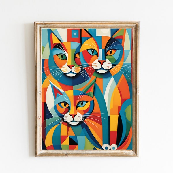 Cubist Cats Prints - Abstract Feline Wall Décor - AI Generated Digital Art - Unique Gift for Cat Lovers - Modern Home Accent