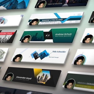 May include: A collection of Facebook banner templates for real estate agents. The banners feature a variety of designs, including cityscapes, geometric shapes, and photos of people. The text on the banners includes the names of the real estate agents and their titles.