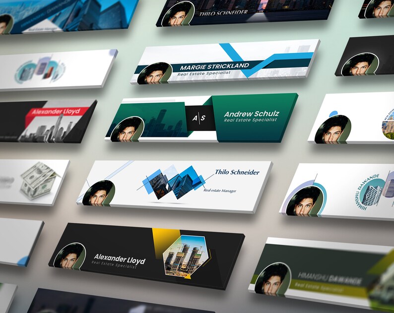 May include: A collection of Facebook banner templates for real estate agents. The banners feature a variety of designs, including cityscapes, geometric shapes, and photos of people. The text on the banners includes the names of the real estate agents and their titles.