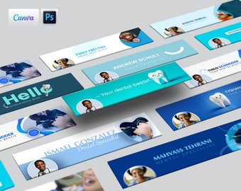 Puede incluir: Una colección de diseños de pancartas dentales azules y blancas con dentistas sonrientes y el texto "Tu mejor amigo dental".